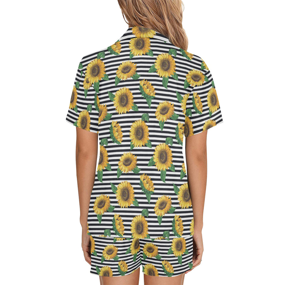 sunflowers ribbon background Women's V-Neck Short Pajama Set