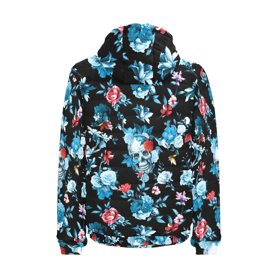 Skull flower roses leave pattern Men's Padded Hooded Jacket