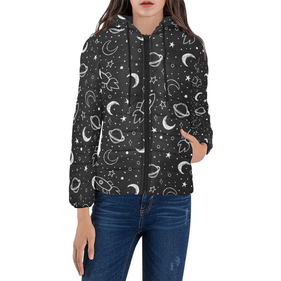 Hand drawn space rocket star planet Women's Padded Hooded Jacket