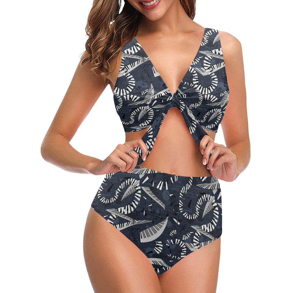 Piano Pattern Print Design 02 Chest Bowknot High Waisted Bikini Swimsuit
