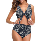 Piano Pattern Print Design 02 Chest Bowknot High Waisted Bikini Swimsuit