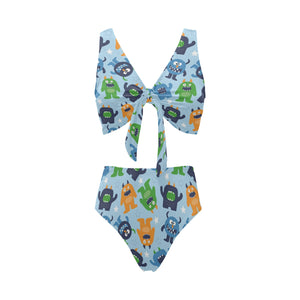 Alien Pattern Print Design 04 Chest Bowknot High Waisted Bikini Swimsuit