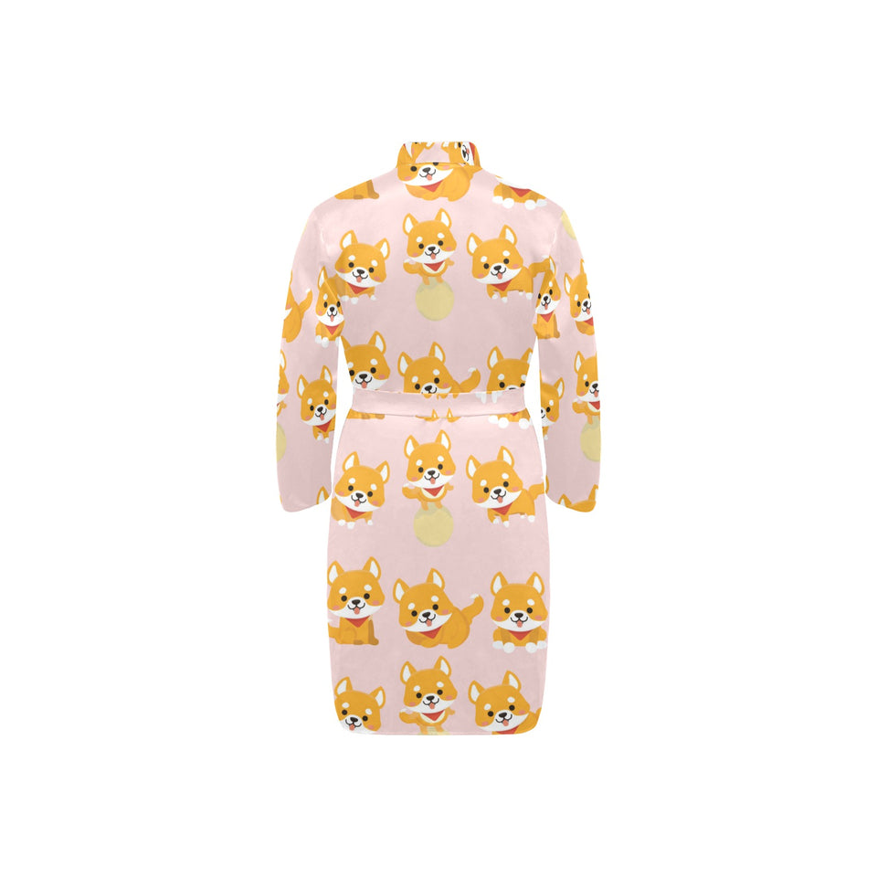 Cute shiba inu dog pattern Men's Long Sleeve Belted Night Robe