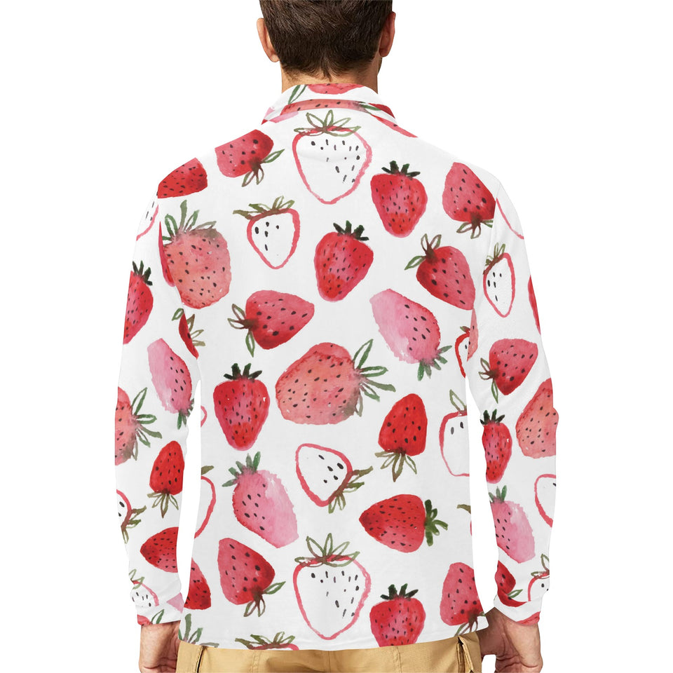 watercolor hand drawn beautiful strawberry pattern Men's Long Sleeve Polo Shirt
