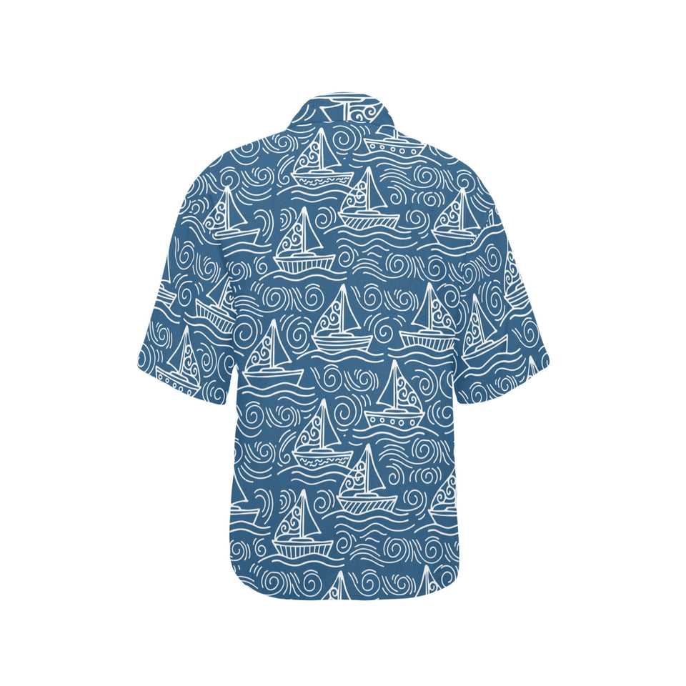 Hand drawn sailboat pattern Women's All Over Print Hawaiian Shirt