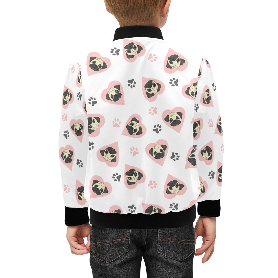 Cute pugs pink heart paw pattern Kids' Boys' Girls' Bomber Jacket