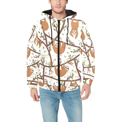 Sloths hanging on the tree pattern Men's Padded Hooded Jacket