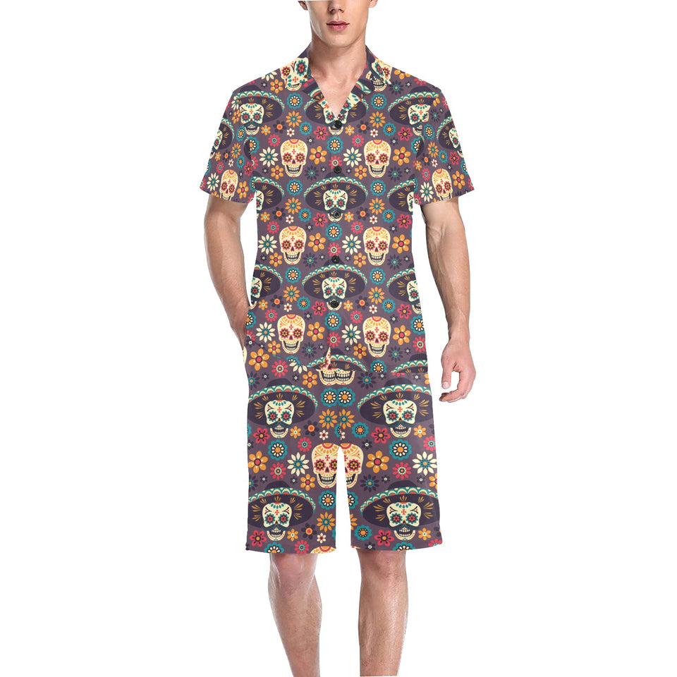 Sugar skulls flower maxican pattern Men's V-Neck Short Pajama Set