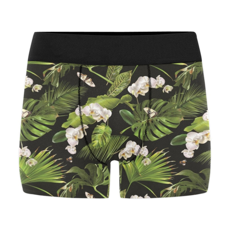 White orchid flower tropical leaves pattern blackg Men's All Over Print Boxer Briefs Men's Underwear