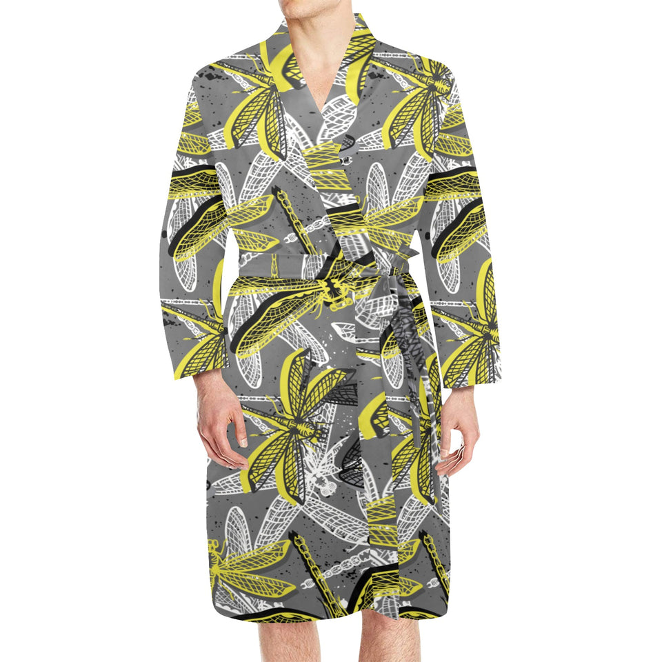 Hand drawn dragonfly pattern Men's Long Sleeve Belted Night Robe