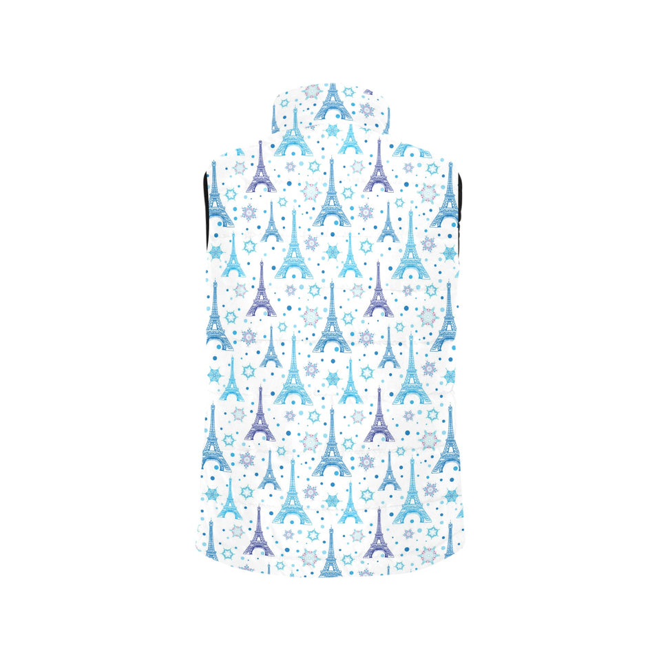 Blue Eiffel Tower Theme Pattern Print Design 01 Women's Padded Vest