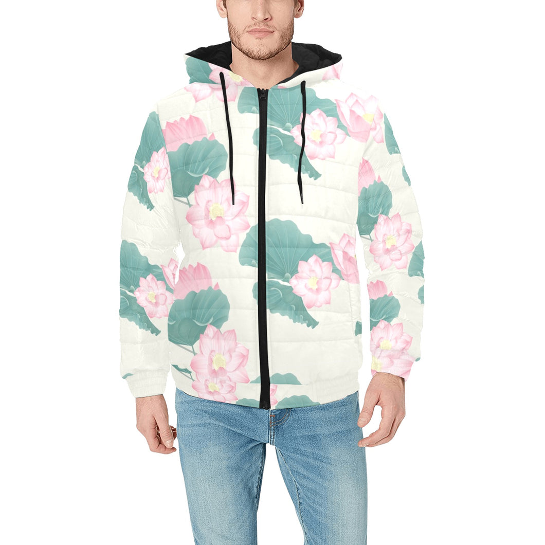 Pink lotus waterlily leaves pattern Men's Padded Hooded Jacket