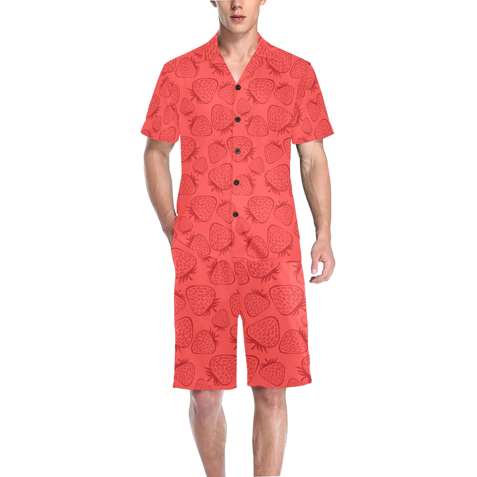 strawberry pattern red background Men's V-Neck Short Pajama Set