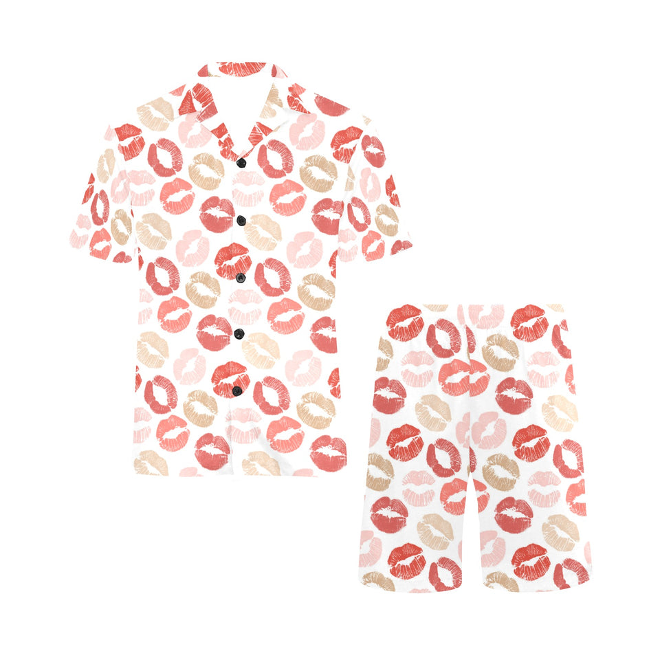 Lips Pattern Print Design 04 Men's V-Neck Short Pajama Set