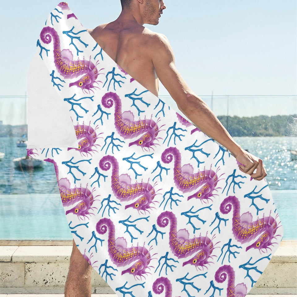 Purple seahorse blue coral pattern Beach Towel