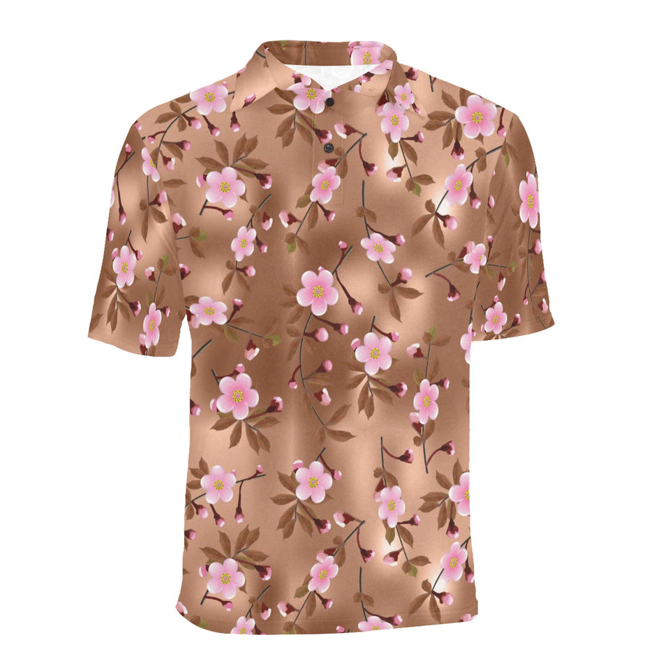 Pink sakura cherry blossom drak brown background Men's All Over Print Polo Shirt