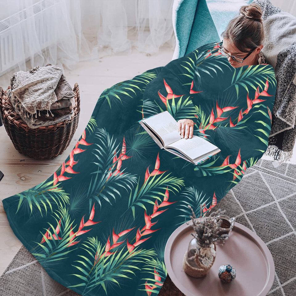 heliconia flowers, palm and monstera leaves on bla Blanket Robe with Sleeves