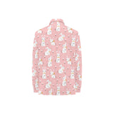 Cute white rabbit flower pink background Women's Long Sleeve Polo Shirt
