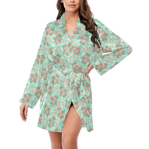 Hippopotamus Pattern Print Design 02 Women's Long Sleeve Belted Night Robe