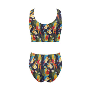 Colorful parrot flower pattern Chest Bowknot High Waisted Bikini Swimsuit