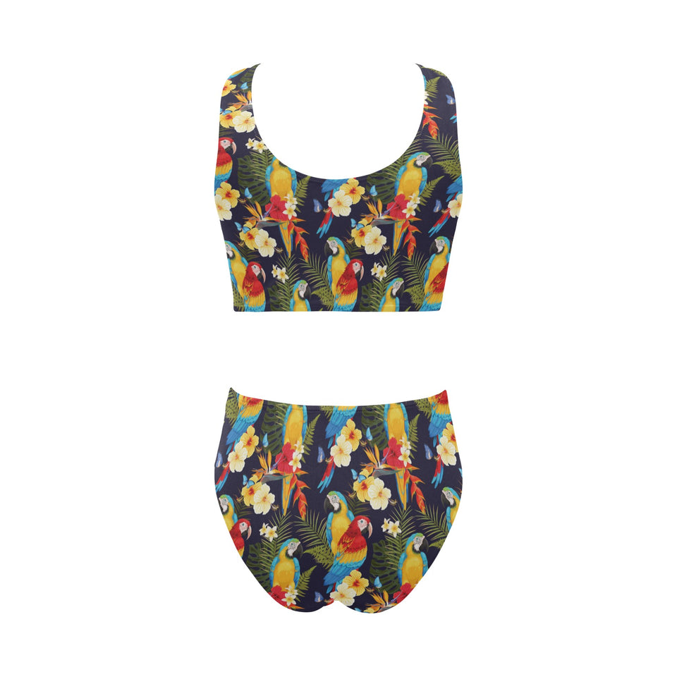 Colorful parrot flower pattern Chest Bowknot High Waisted Bikini Swimsuit