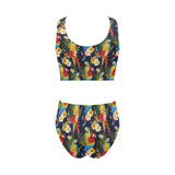 Colorful parrot flower pattern Chest Bowknot High Waisted Bikini Swimsuit