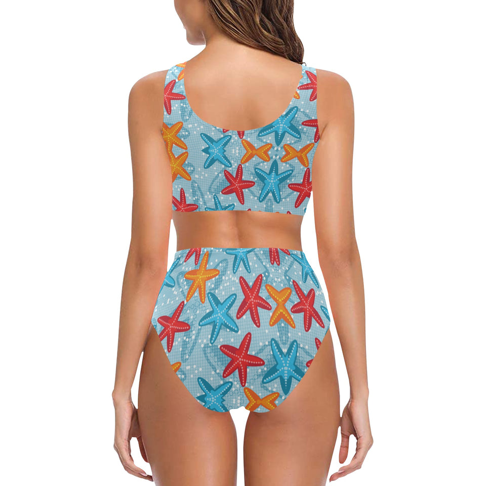 Blue red orange starfish pattern Chest Bowknot High Waisted Bikini Swimsuit