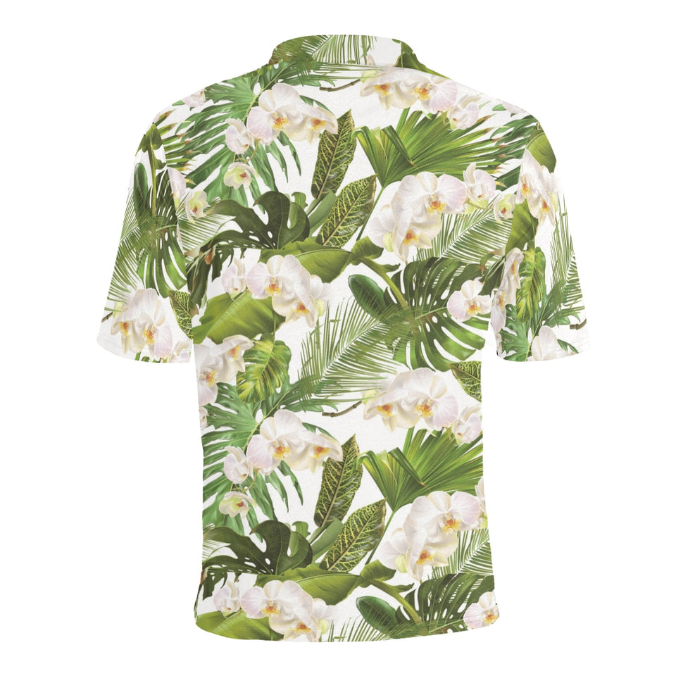 White orchid flower tropical leaves pattern Men's All Over Print Polo Shirt