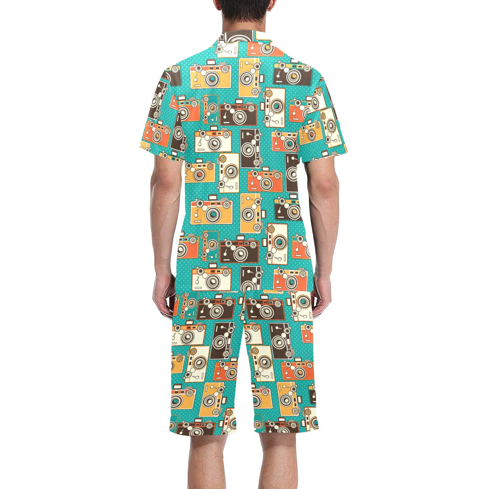 Camera Pattern Print Design 03 Men's V-Neck Short Pajama Set
