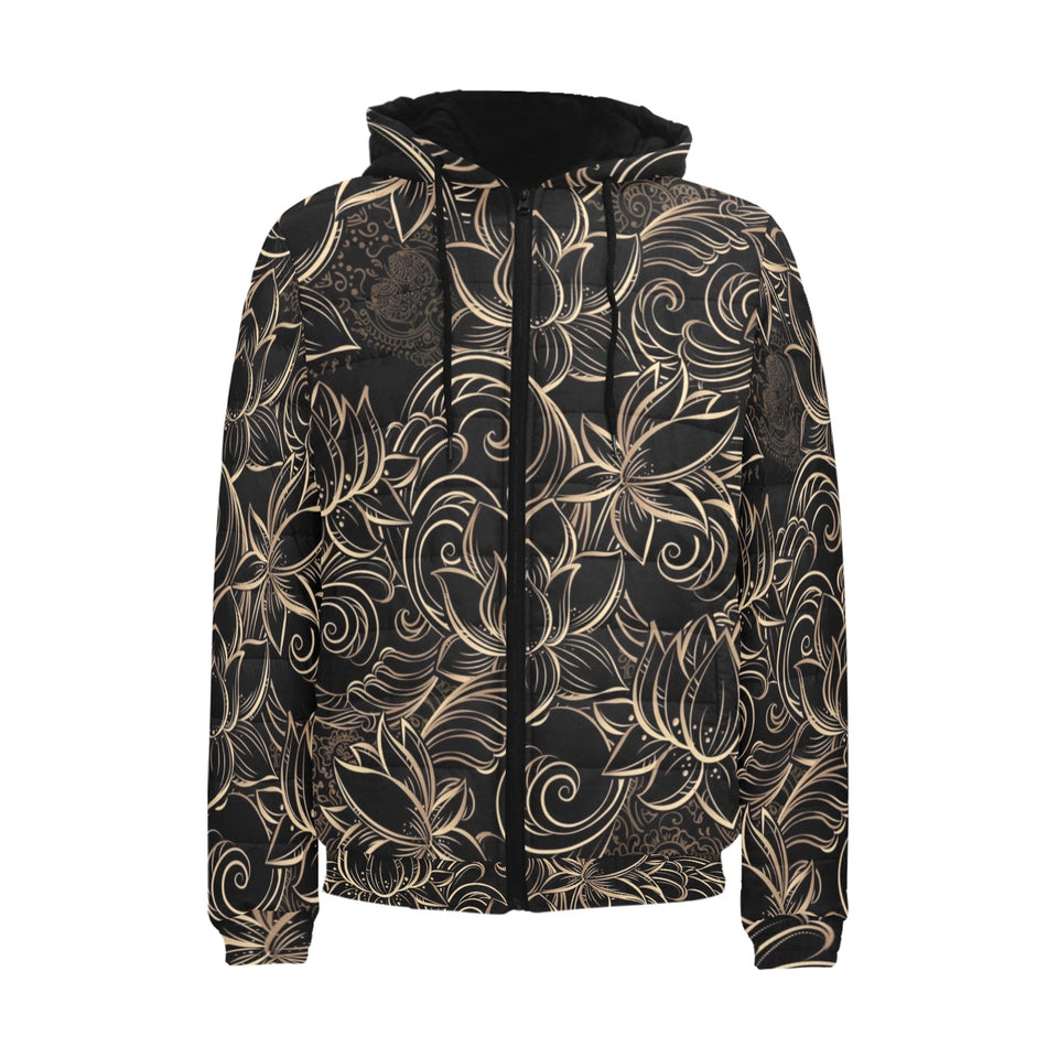 luxurious gold lotus waterlily black background Men's Padded Hooded Jacket