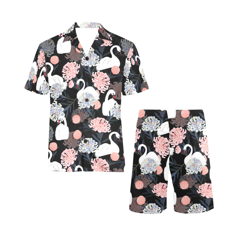 white swan blooming flower pattern Men's V-Neck Short Pajama Set