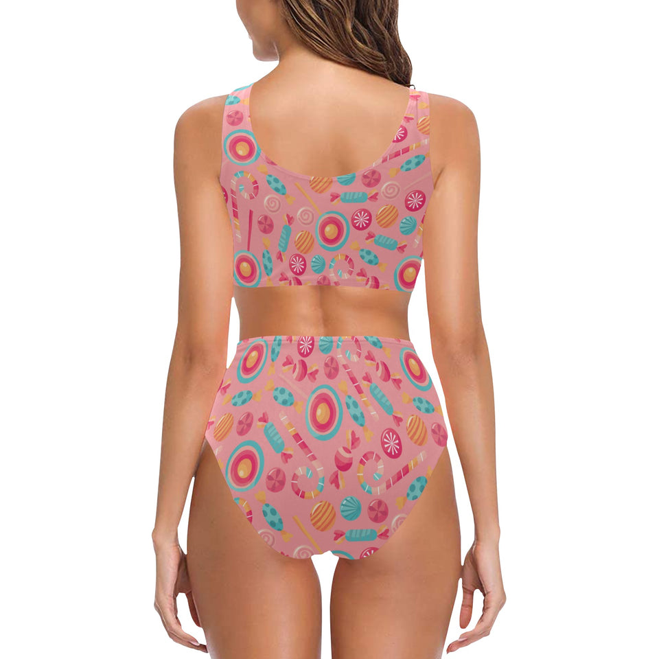 Colorful candy pattern Chest Bowknot High Waisted Bikini Swimsuit