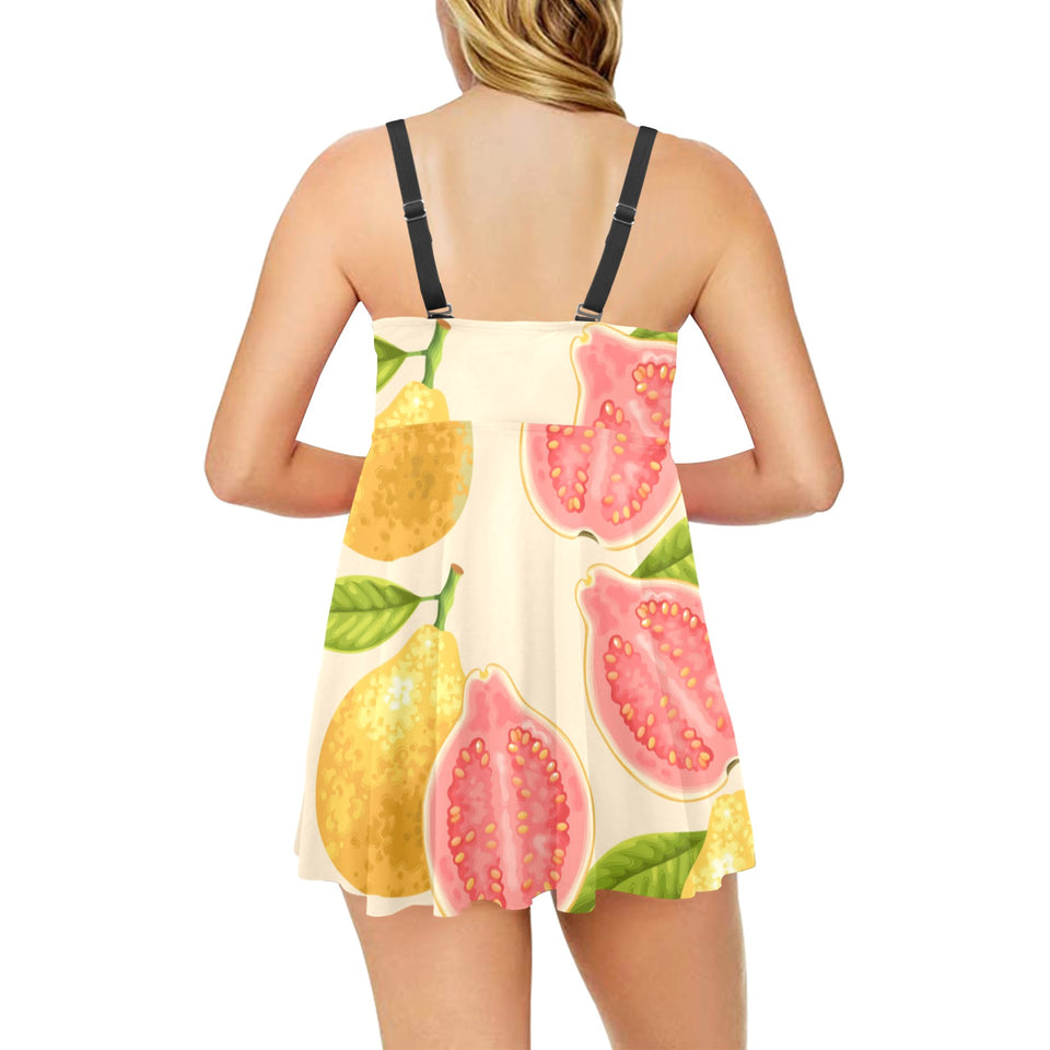 Beautiful guava pattern Chest Sexy Pleated Two Piece Swim Dress
