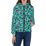 Green leopard skin print pattern Women's Padded Hooded Jacket