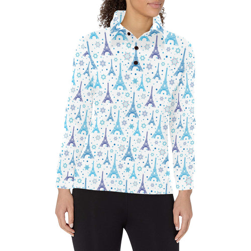 Blue Eiffel Tower Theme Pattern Print Design 01 Women's Long Sleeve Polo Shirt