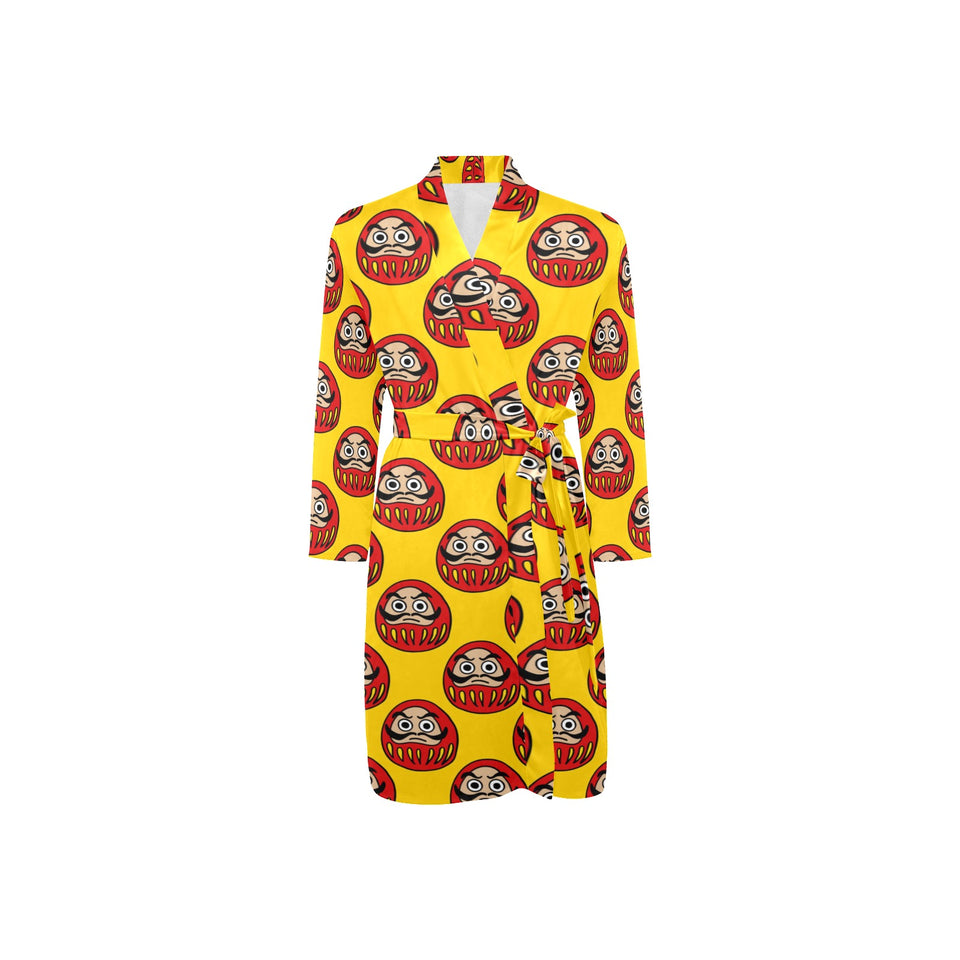 Daruma japanese wooden doll yellow background Men's Long Sleeve Belted Night Robe