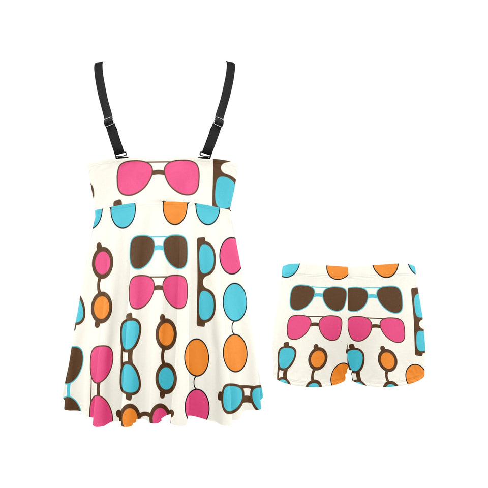 Sun Glasses Pattern Print Design 03 Chest Sexy Pleated Two Piece Swim Dress