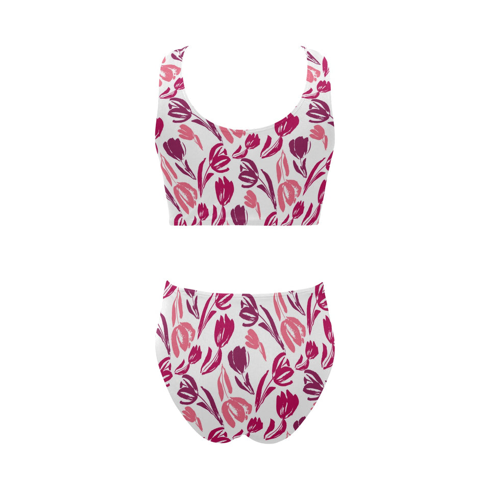 pink sketch tulip pattern Chest Bowknot High Waisted Bikini Swimsuit