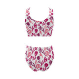 pink sketch tulip pattern Chest Bowknot High Waisted Bikini Swimsuit