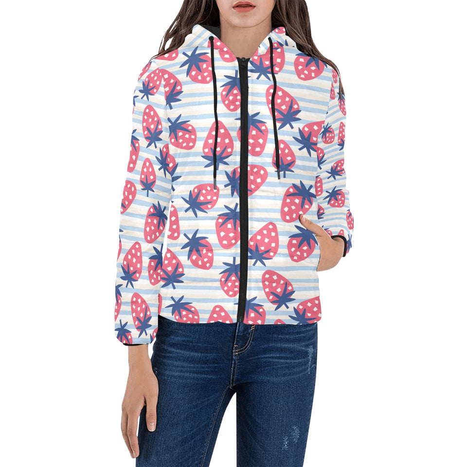 Strawberry pattern blue lines background Women's Padded Hooded Jacket