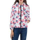 Strawberry pattern blue lines background Women's Padded Hooded Jacket