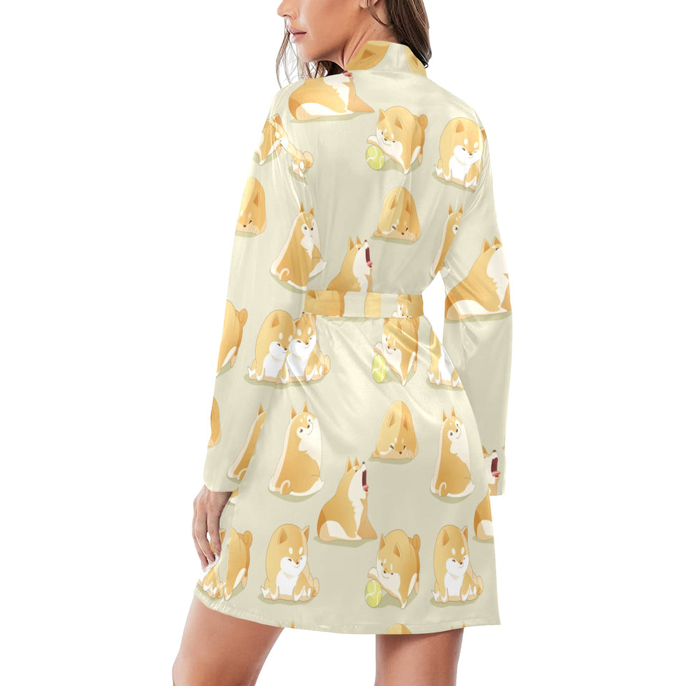 Cute fat shiba inu dog pattern Women's Long Sleeve Belted Night Robe