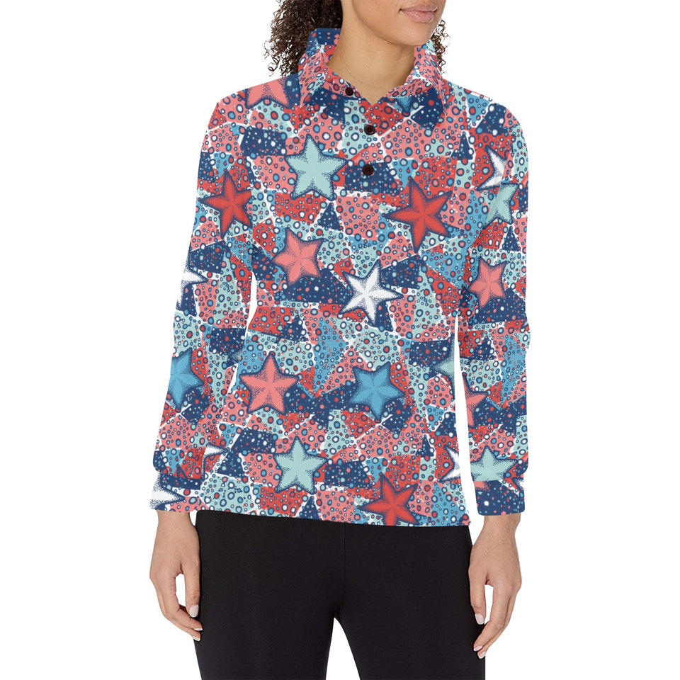 Hand drawn colorful starfish Women's Long Sleeve Polo Shirt
