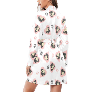 Cute pugs pink heart paw pattern Women's Long Sleeve Belted Night Robe
