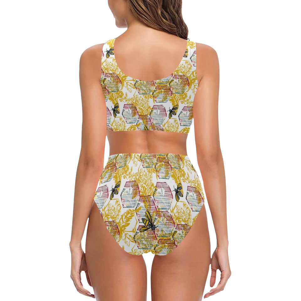 Cool Bee honeycomb leaves pattern Chest Bowknot High Waisted Bikini Swimsuit