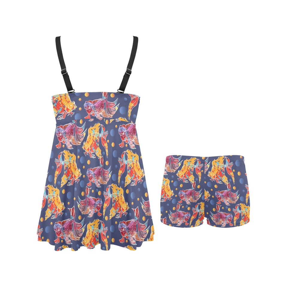 Goldfish Pattern Print Design 05 Chest Sexy Pleated Two Piece Swim Dress