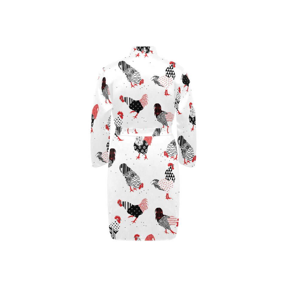 Cool rooster chicken cock floral ornament backgrou Men's Long Sleeve Belted Night Robe