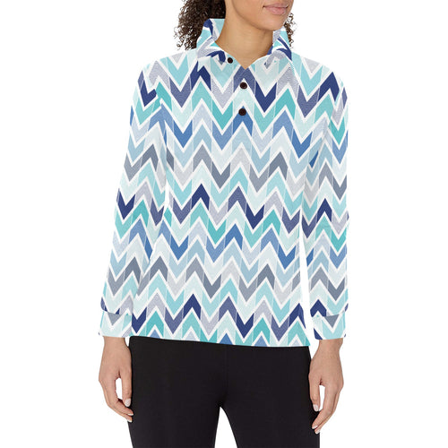 zigzag chevron blue pattern Women's Long Sleeve Polo Shirt