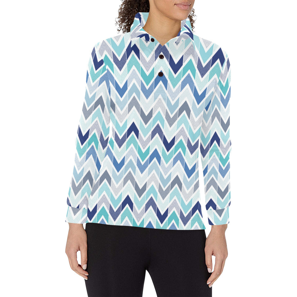 zigzag chevron blue pattern Women's Long Sleeve Polo Shirt