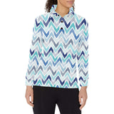 zigzag chevron blue pattern Women's Long Sleeve Polo Shirt